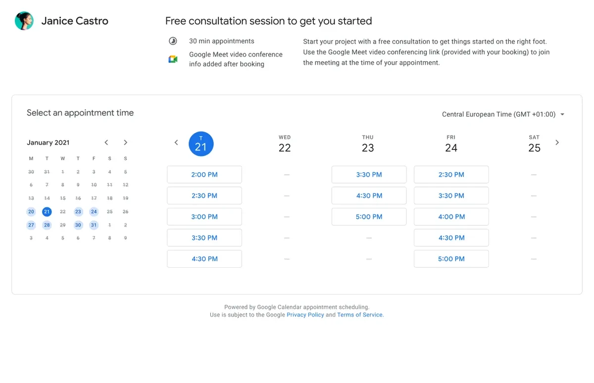 Google Calendar appointment scheduling interface